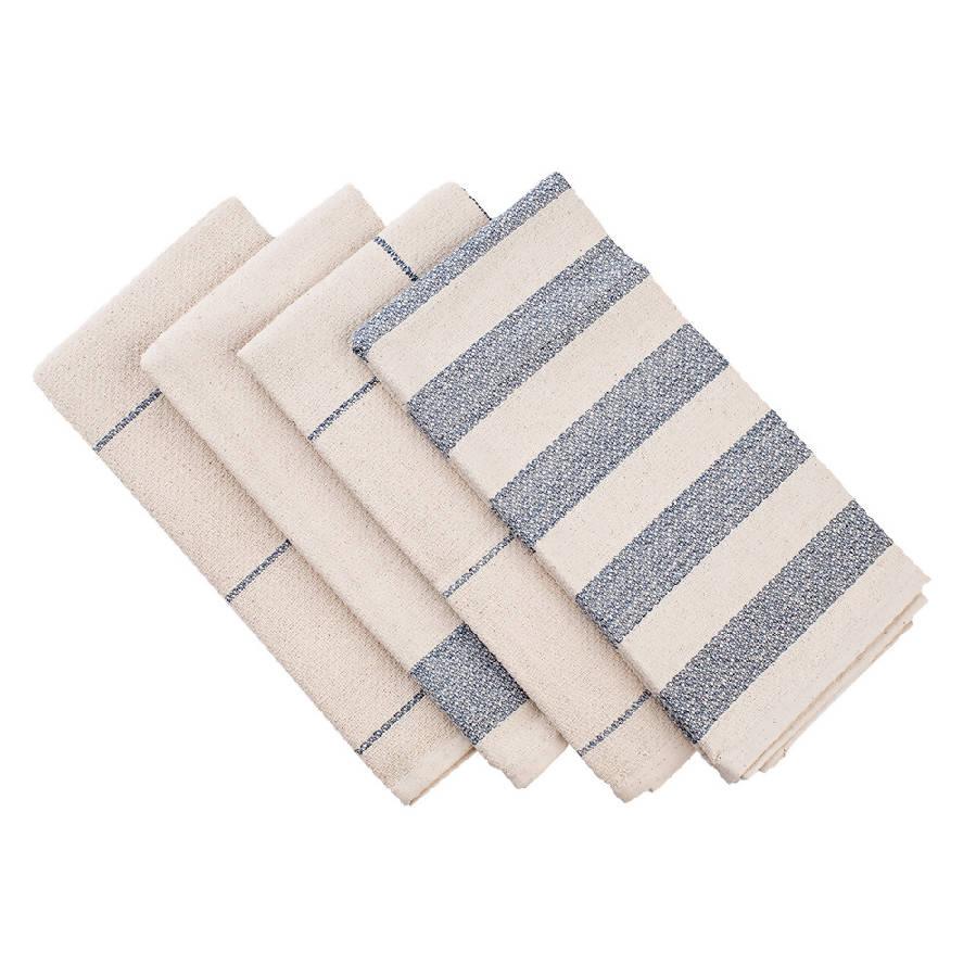 a set of four blue and white striped dish cloths