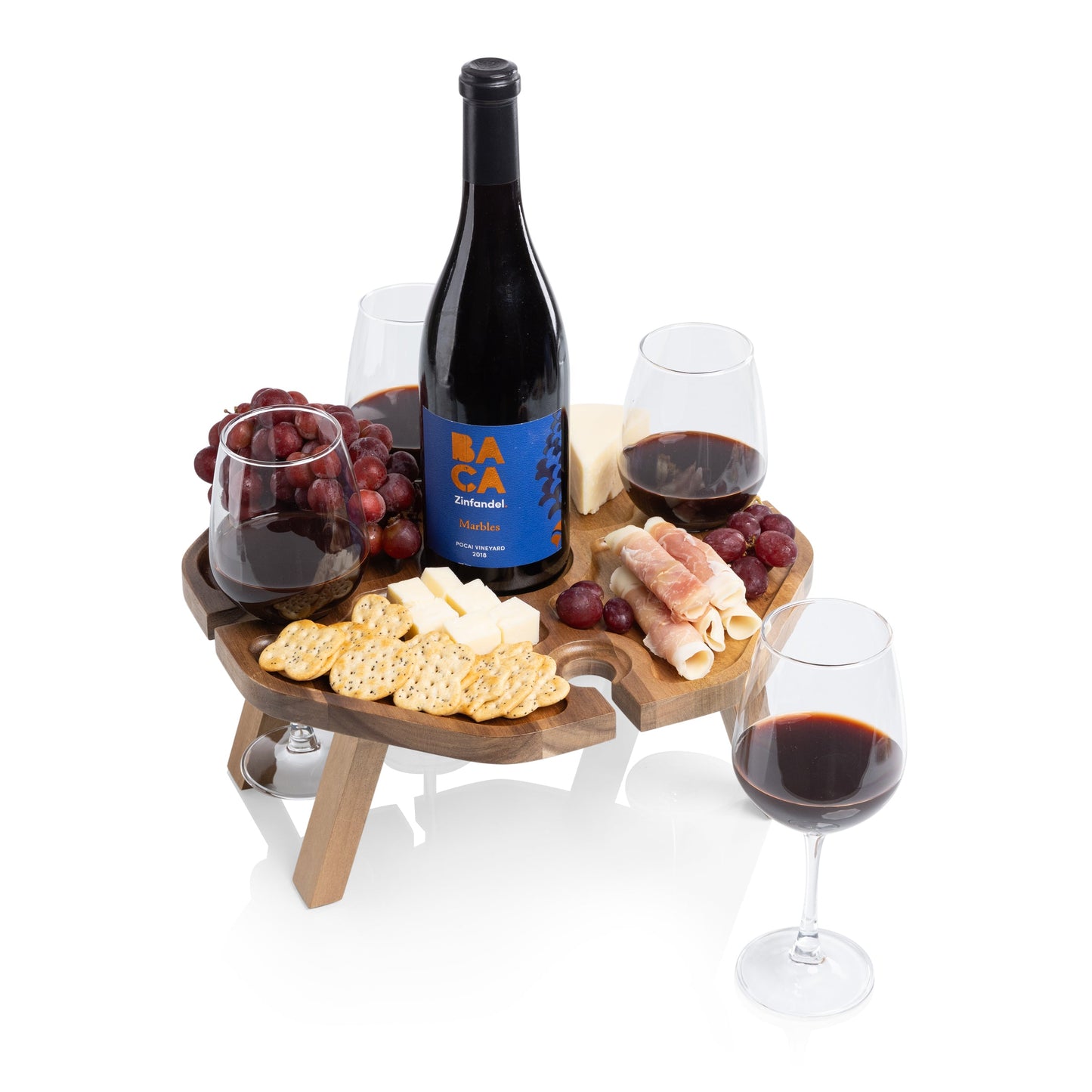 Mesavino Wine Picnic Table - Coastal Acacia Wood Portable Wine & Snack Table, Beach House Outdoor Entertaining