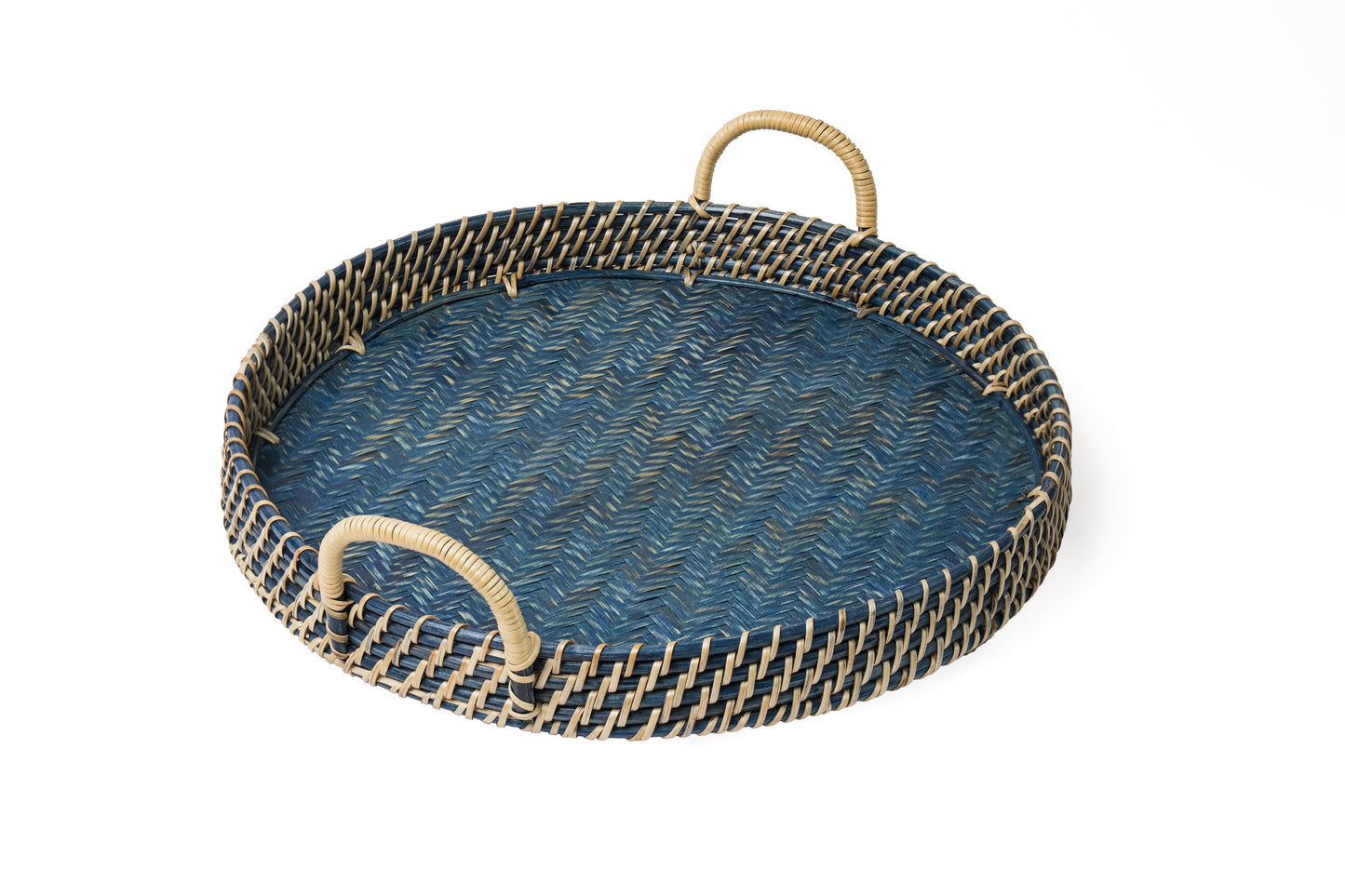 Round Rattan Tray in Navy Blue - Coastal Woven Decorative Tray, Beach House Entertaining