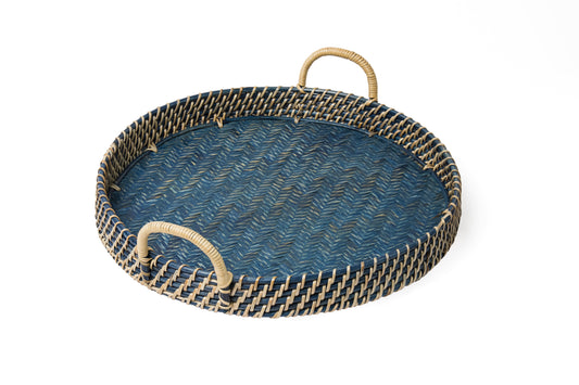 Round Rattan Tray in Navy Blue - Coastal Woven Decorative Tray, Beach House Entertaining