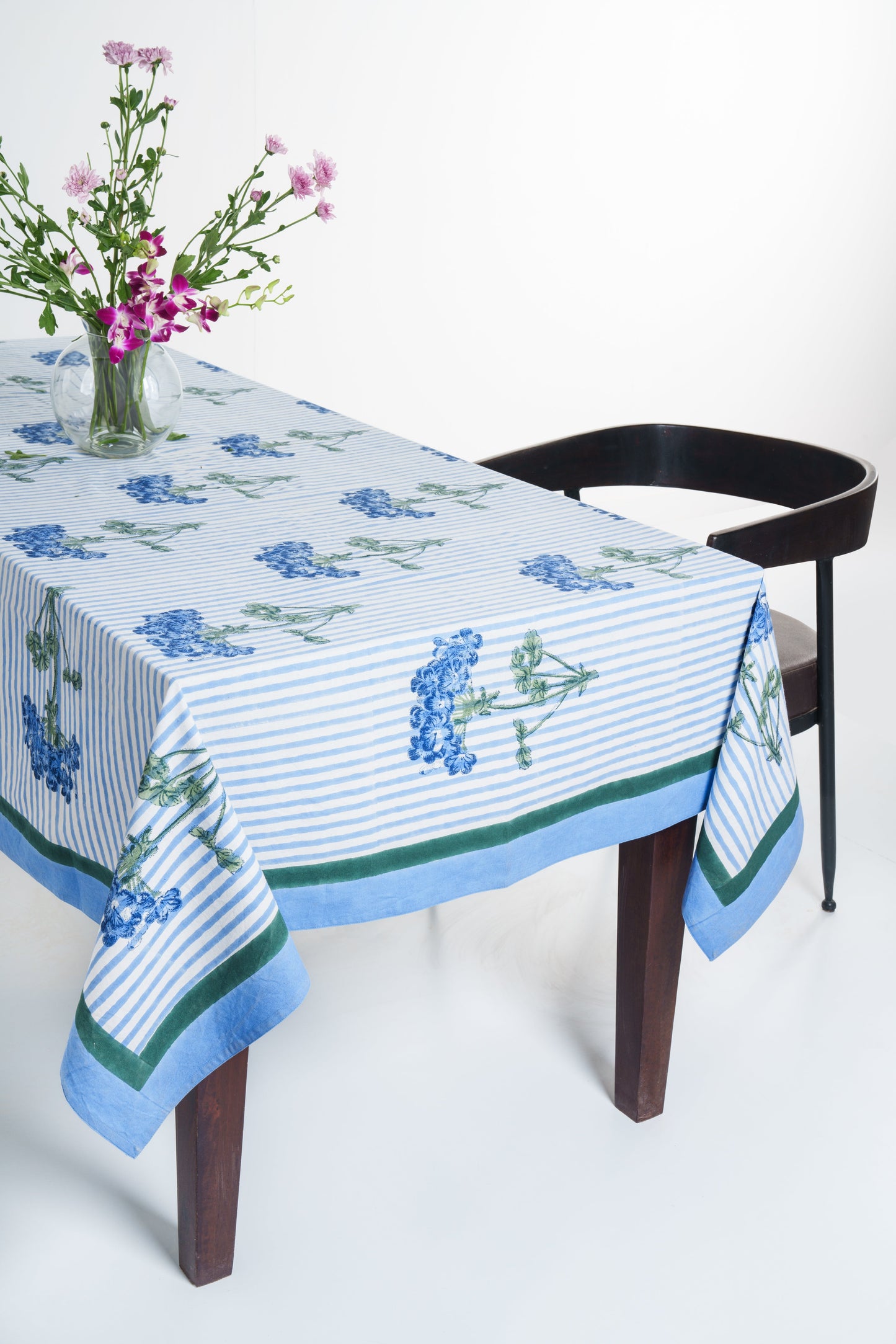 Blue Hydrangea Blockprint Tablecloth - Coastal Artisan Cotton Table Linen, Beach House Dining