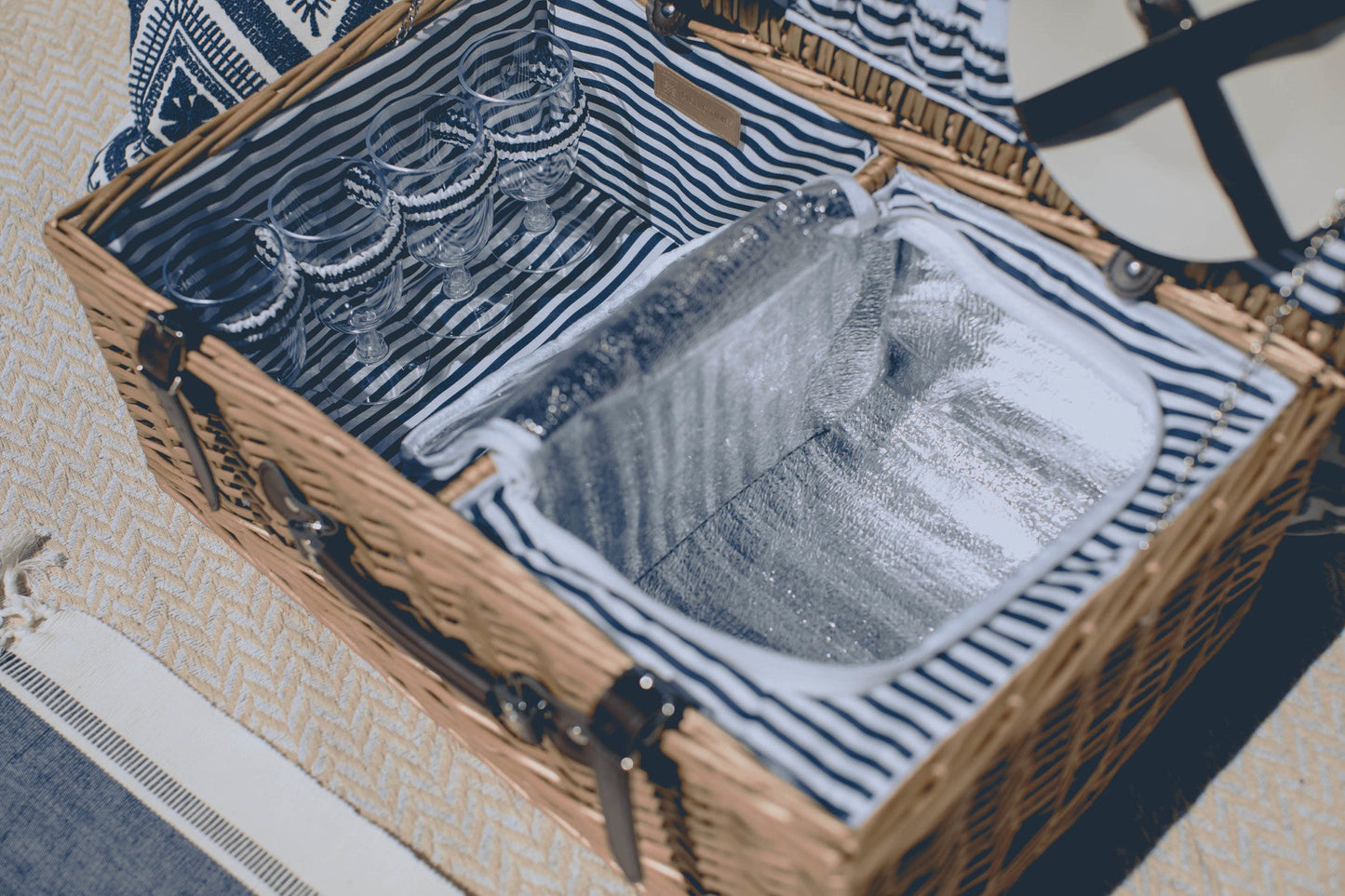 Belmont Picnic Basket for 4 - Coastal Willow Wicker Wine & Cheese Set with Cooler, Beach House Gift