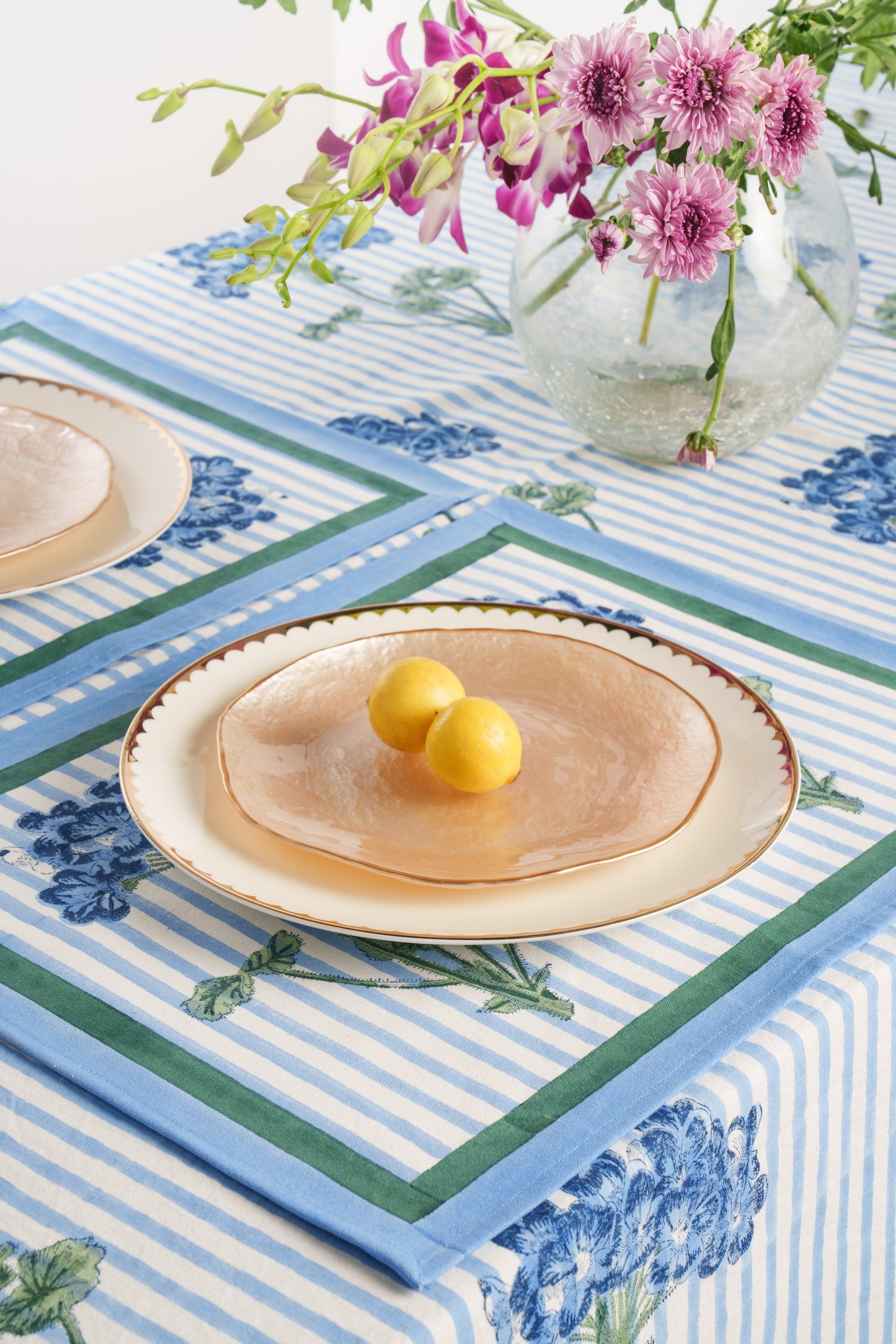 Blue Hydrangea Blockprint Tablecloth - Coastal Artisan Cotton Table Linen, Beach House Dining