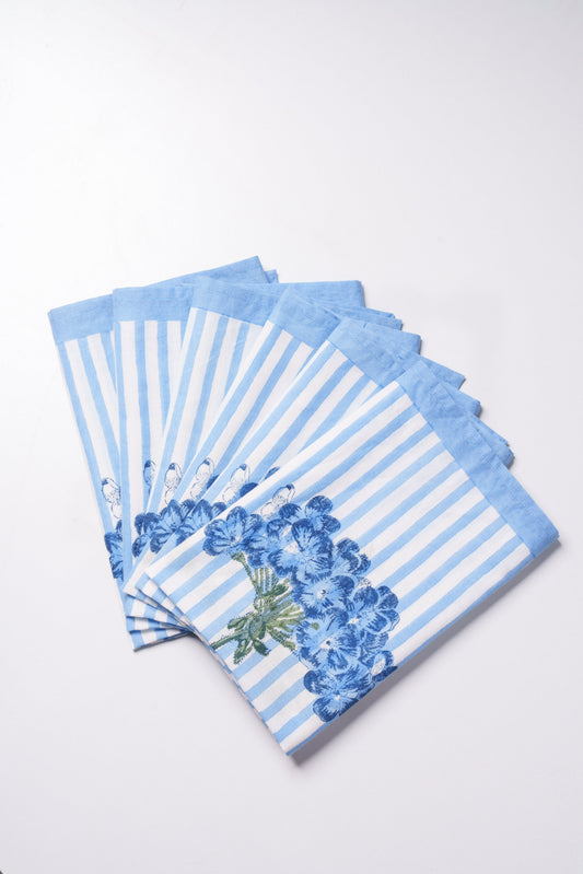 Blue Hydrangea Blockprint Napkins Set of 4 - Coastal Artisan Cotton Table Linens, Beach House Dining