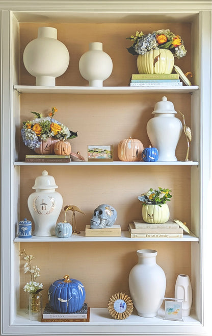 French Blue pumpkin jars displayed as fall decor
