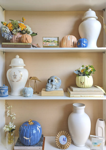 French Blue Layered Leaves Pumpkin Jars with 22K Gold