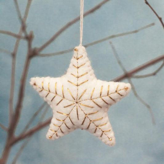 white felt star ornament with gold stitching