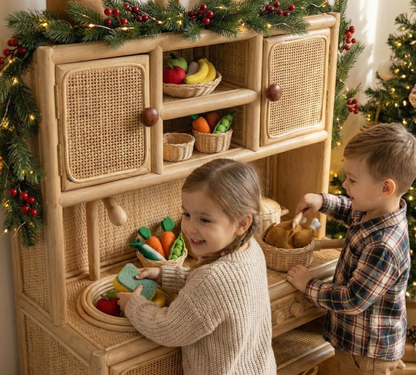 Montessori-Style Rattan Play Kitchen – Natural Pretend Play Station with Storage