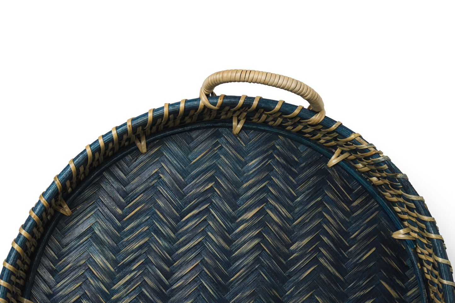 Round Rattan Tray in Navy Blue - Coastal Woven Decorative Tray, Beach House Entertaining