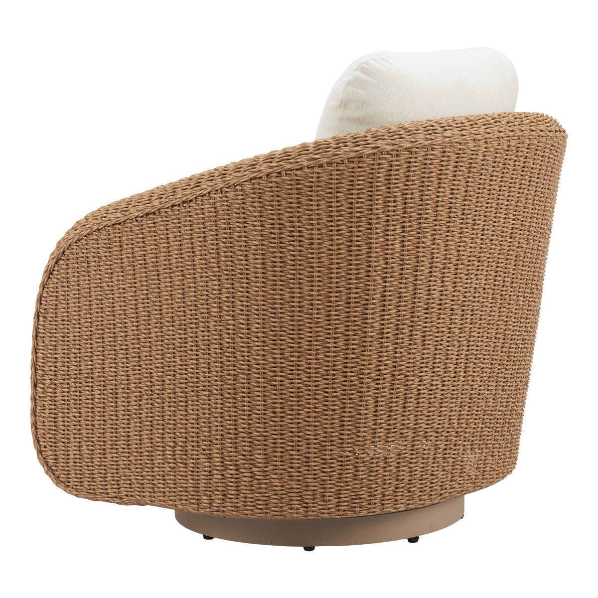 Angled rear view of the Solara outdoor chair showing its rounded woven frame