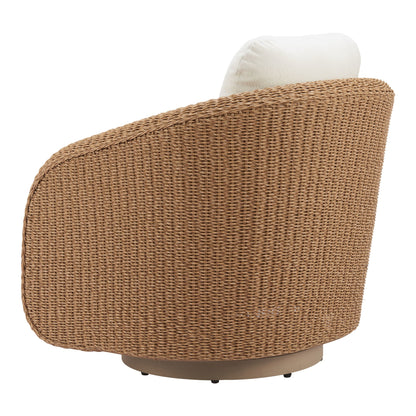 Angled rear view of the Solara outdoor chair showing its rounded woven frame