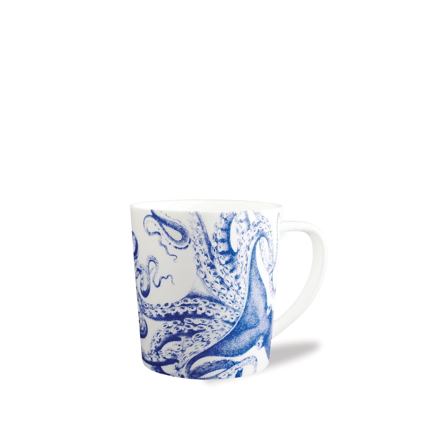 a blue and white coffee cup with an octopus on it