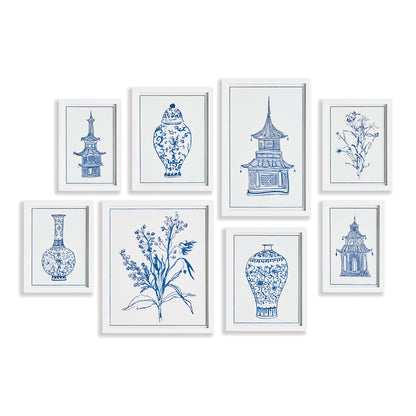 set of 8 blue and white art prints