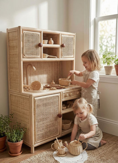 Rattan tea party set displayed in children's play kitchen