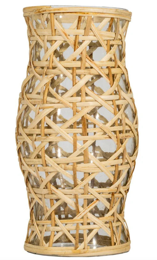 glass hurricane wrapped in cane rattan