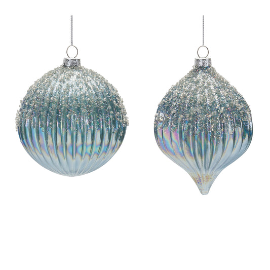 two iridescent blue sparkly ornaments