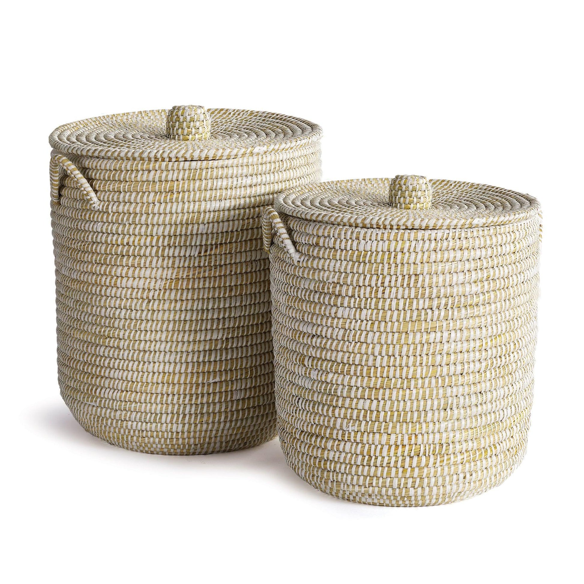 two woven baskets sitting next to each other