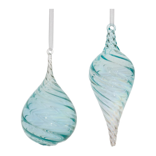 two light blue glass ornaments