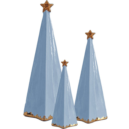 Three Serenity Blue folded Christmas trees in graduated sizes with gold star toppers and gold brushstroke trim