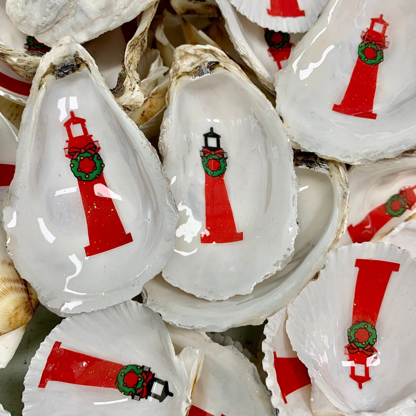 close up of mini lighthouse shell ornaments