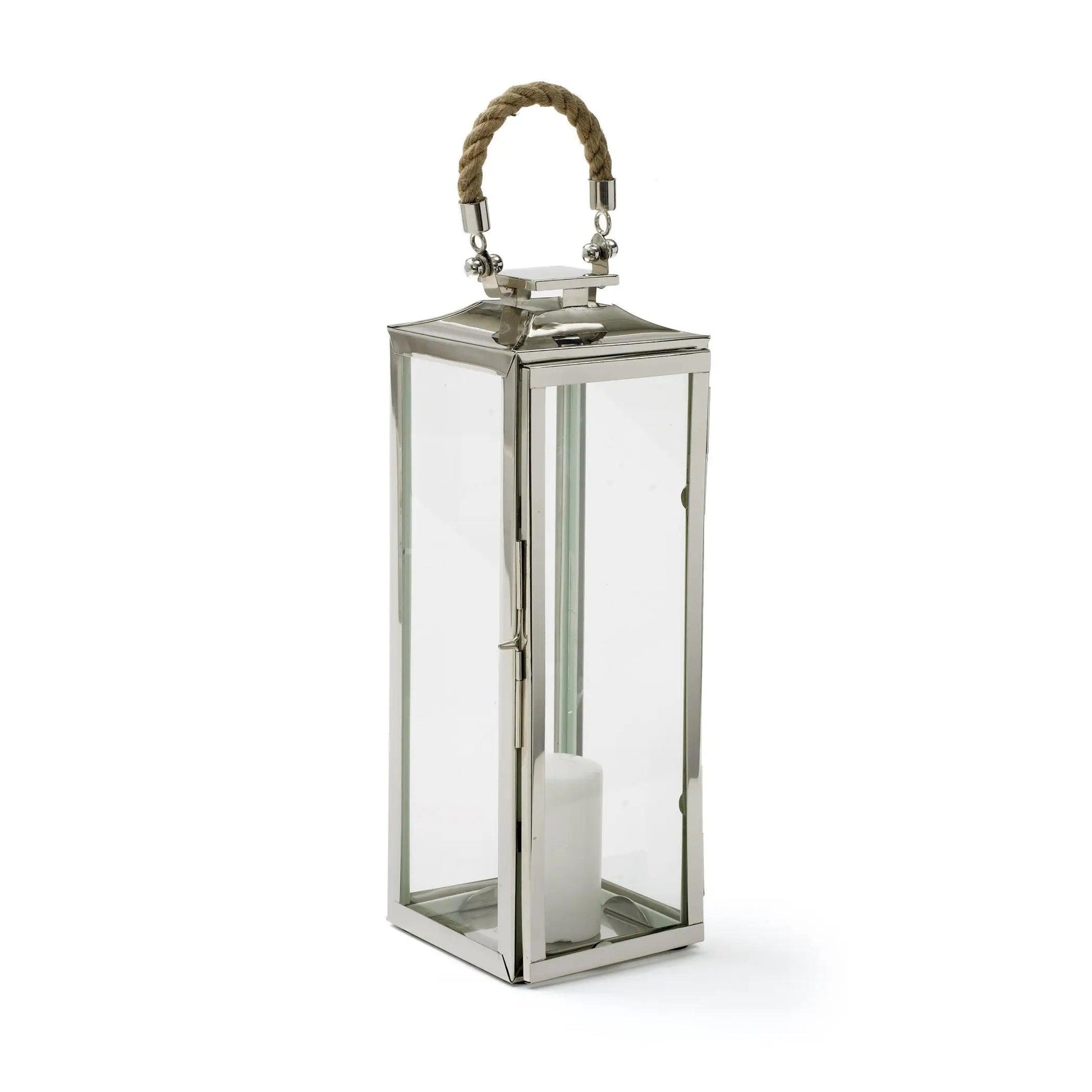 silver hurricane lantern with rope handle