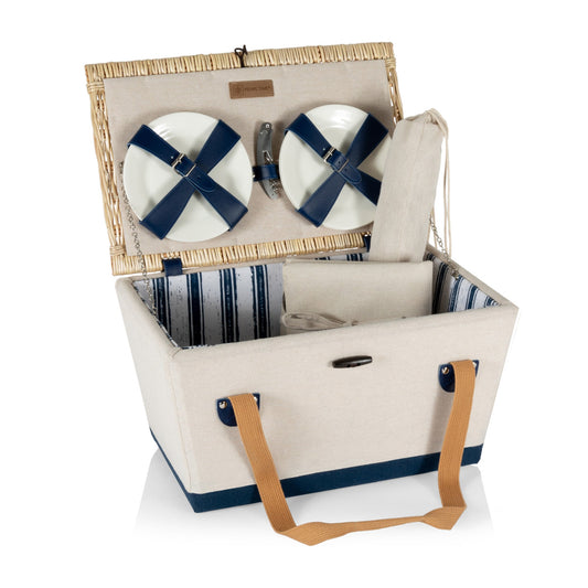 Boardwalk Picnic Basket for 4 - Coastal Wicker Picnic Set, Beach House Outdoor Entertaining