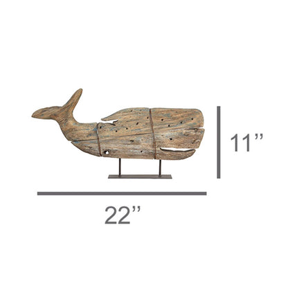 Wooden whale on metal stand 