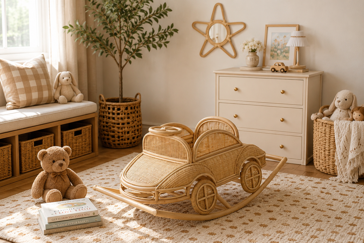 Natural rattan rocking car styled in a neutral room with a teddy bear and woven baskets