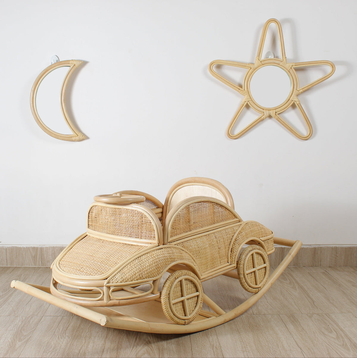 Vintage-Inspired Rattan Rocking Car – Natural with Cushions