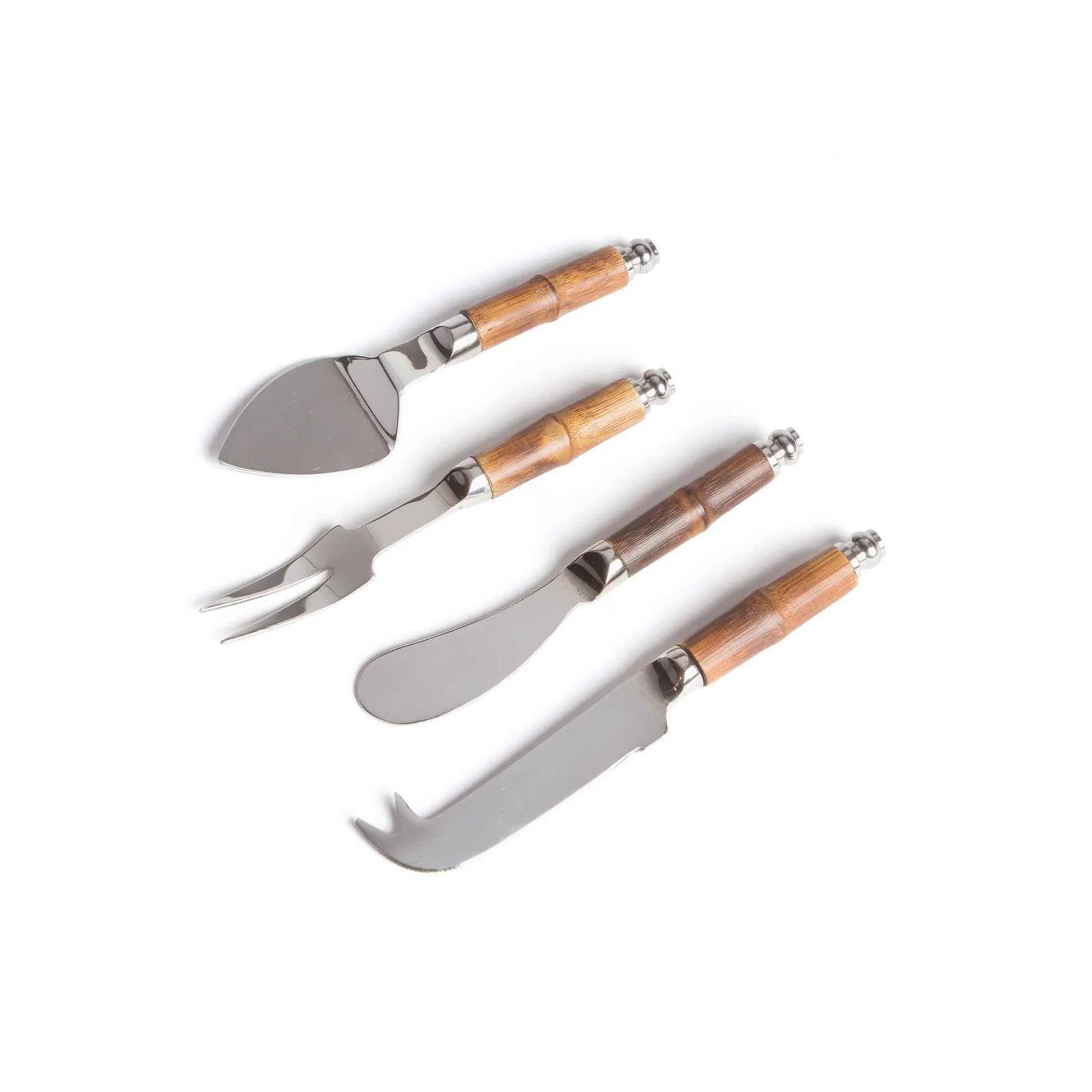 set of four metal and bamboo cheese utensils