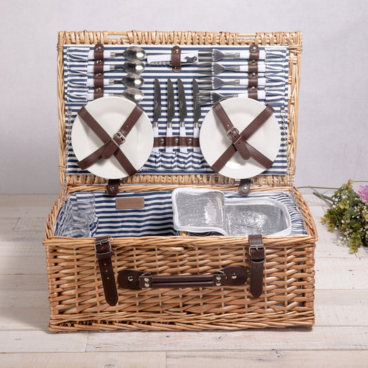 Belmont Picnic Basket for 4 - Coastal Willow Wicker Wine & Cheese Set with Cooler, Beach House Gift