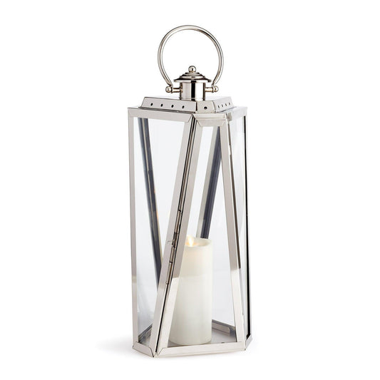 Tall silver lantern with candle