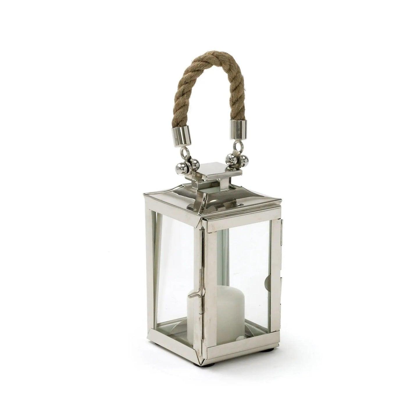 silver lantern with rope handle