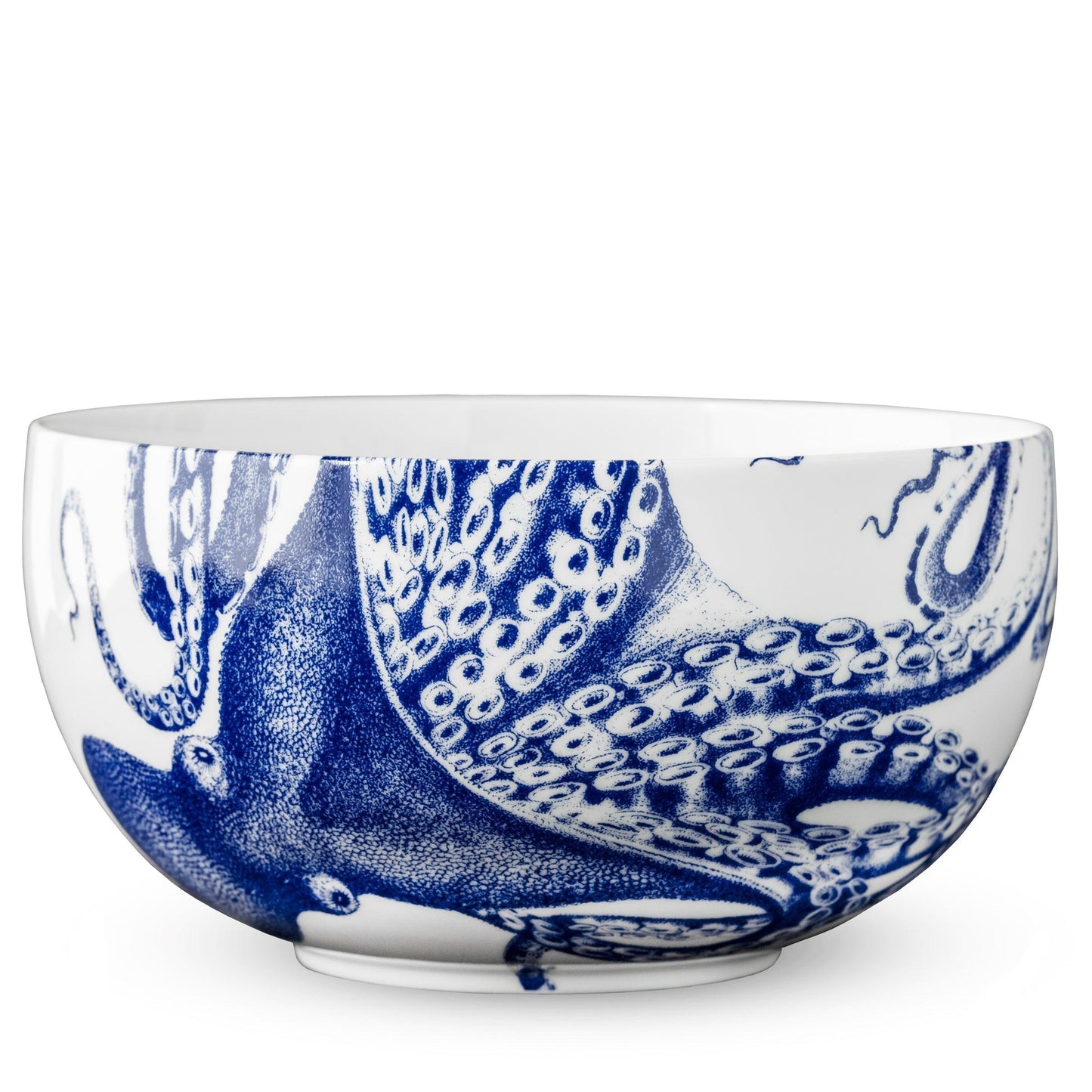 a blue and white bowl with an octopus design