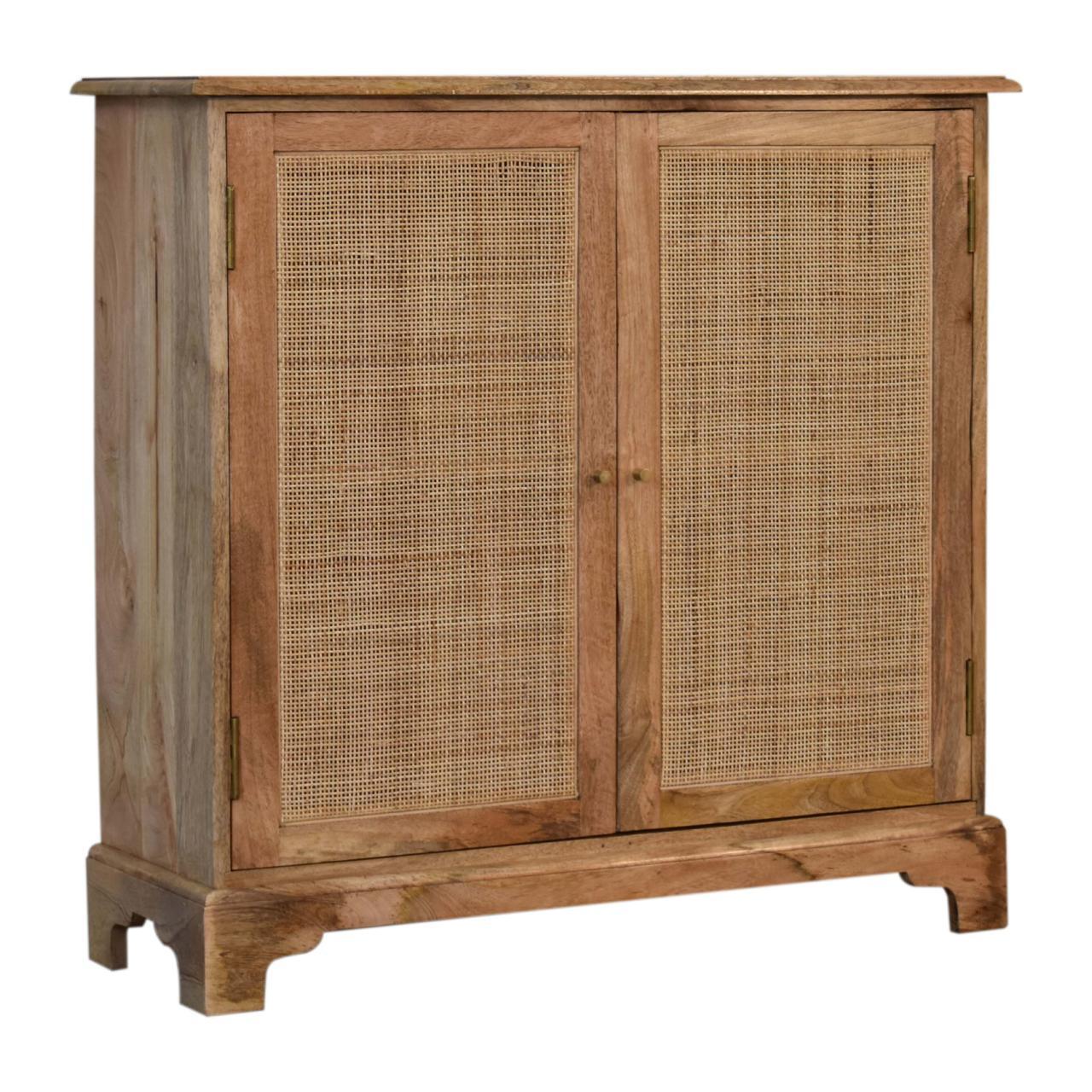 a wooden cabinet with a wicker door