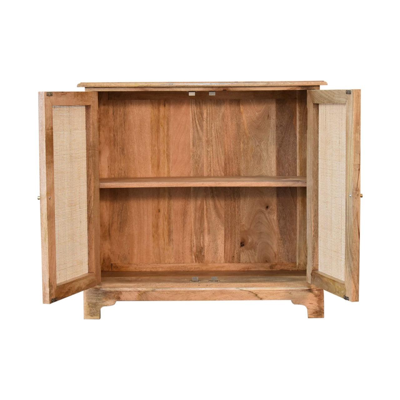 a wooden cabinet with two open doors