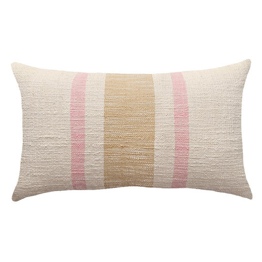 a beige and pink striped pillow on a white background