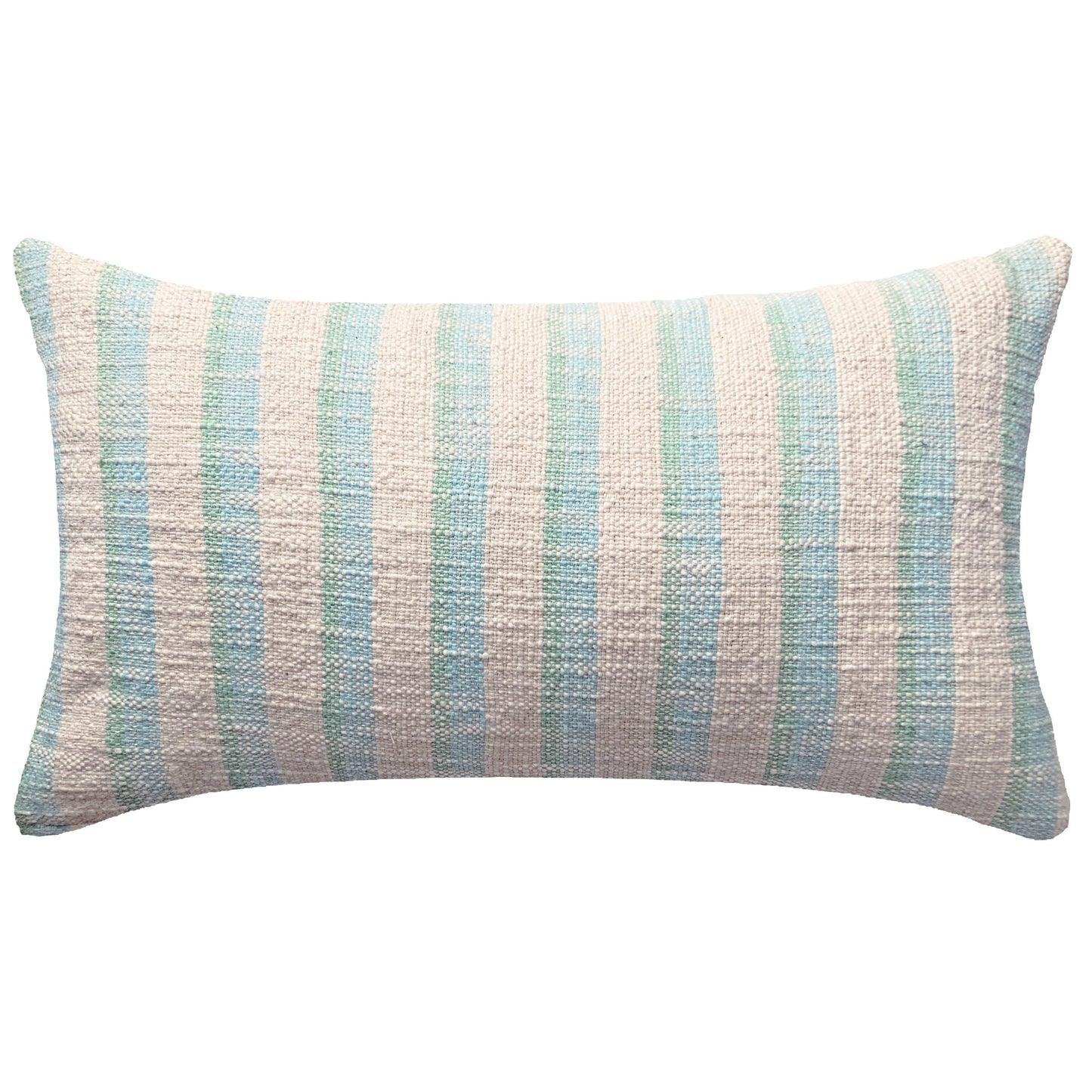 a blue and white striped pillow on a white background