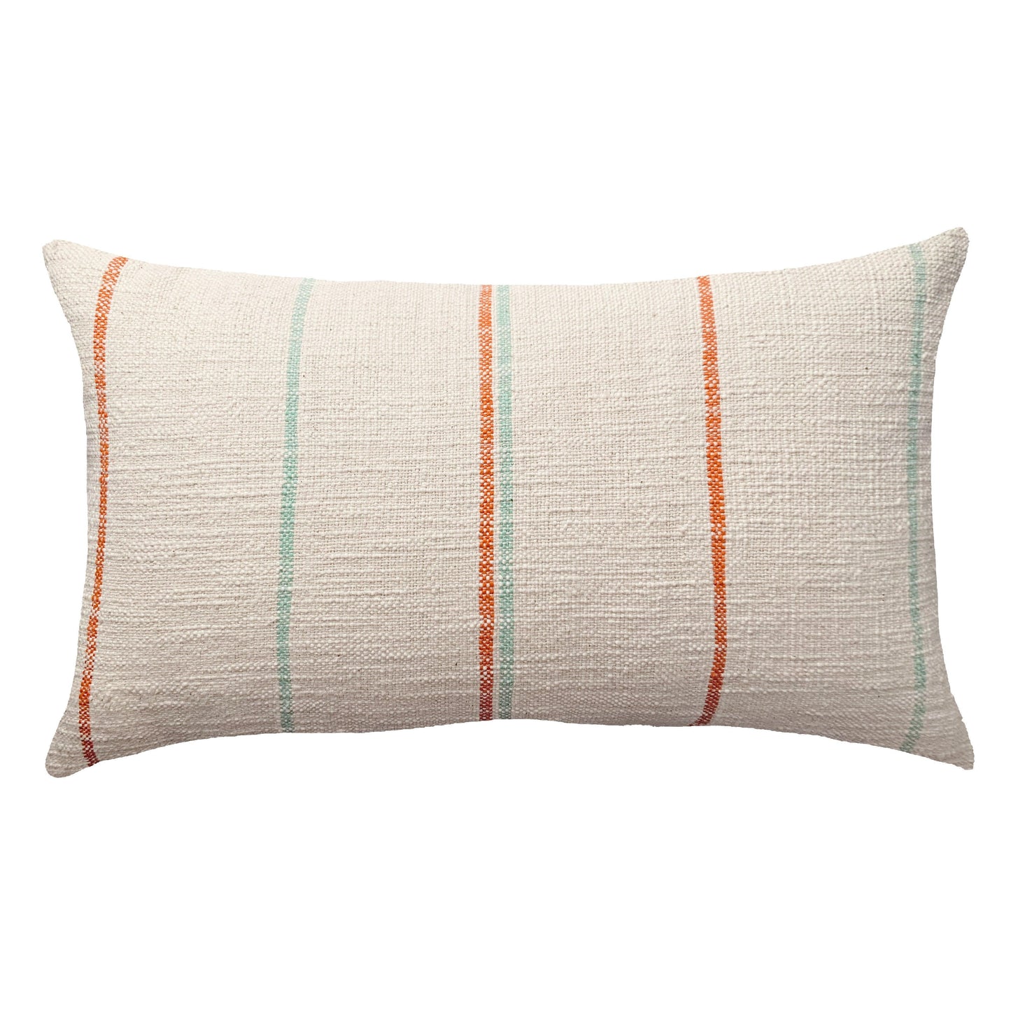 off white pillow with turquoise and orange stripes