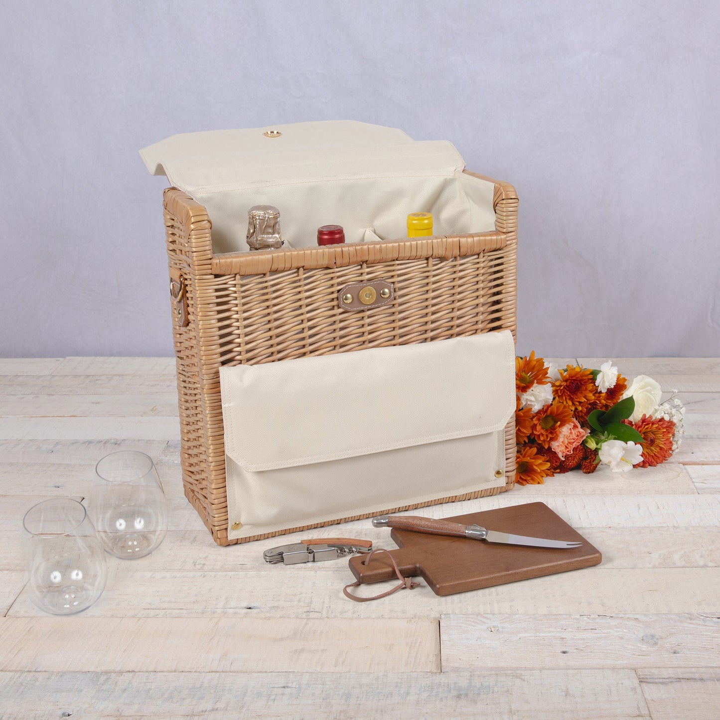 Corsica Grande 3-Bottle Wine & Cheese Basket Backpack - Coastal Picnic Tote, Beach House Entertaining Gift