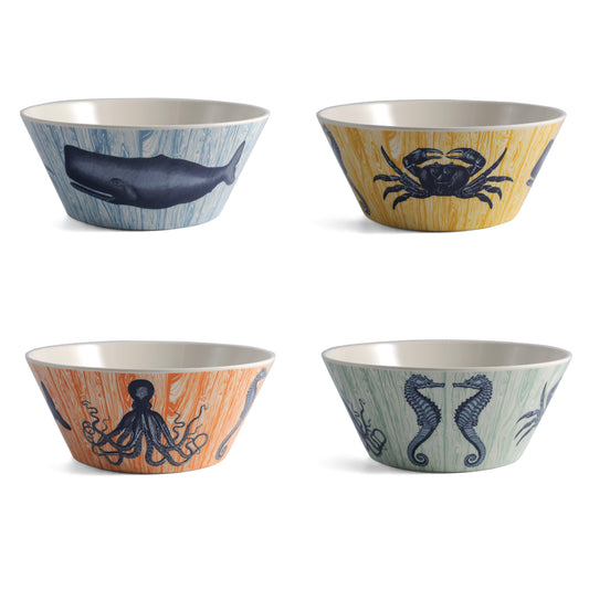 four melamine bowls with coastal designs