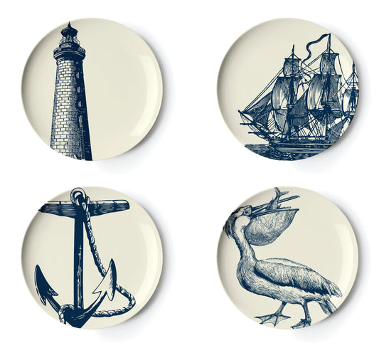 four melamine plates with nautical design