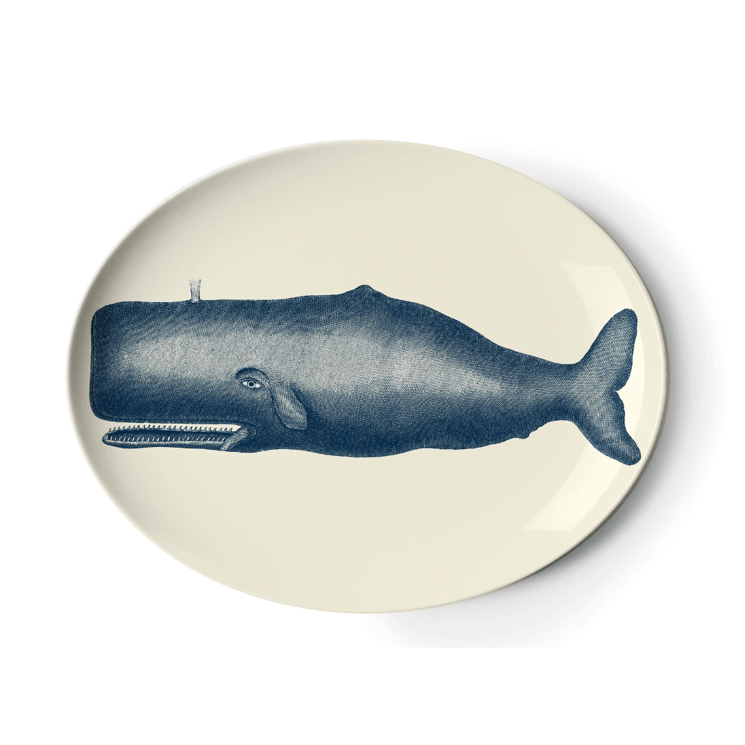 white oval tray with blue whale