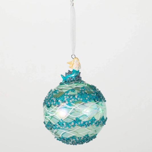 blue christmas ball with mermaid on top