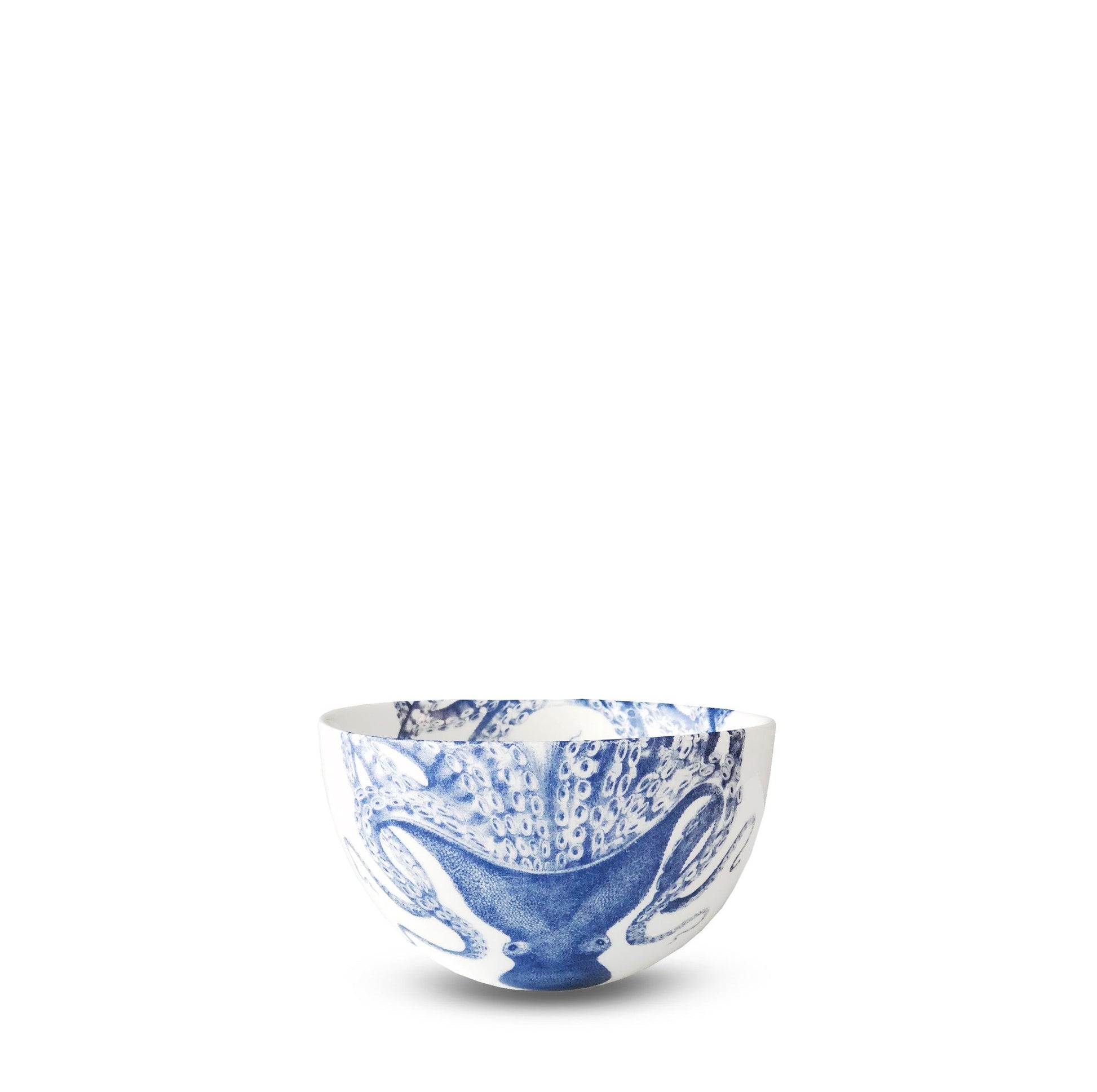 a blue and white bowl on a white background