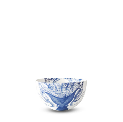 Lucy white porcelain snack bowl with a detailed blue octopus wrapping around the exterior