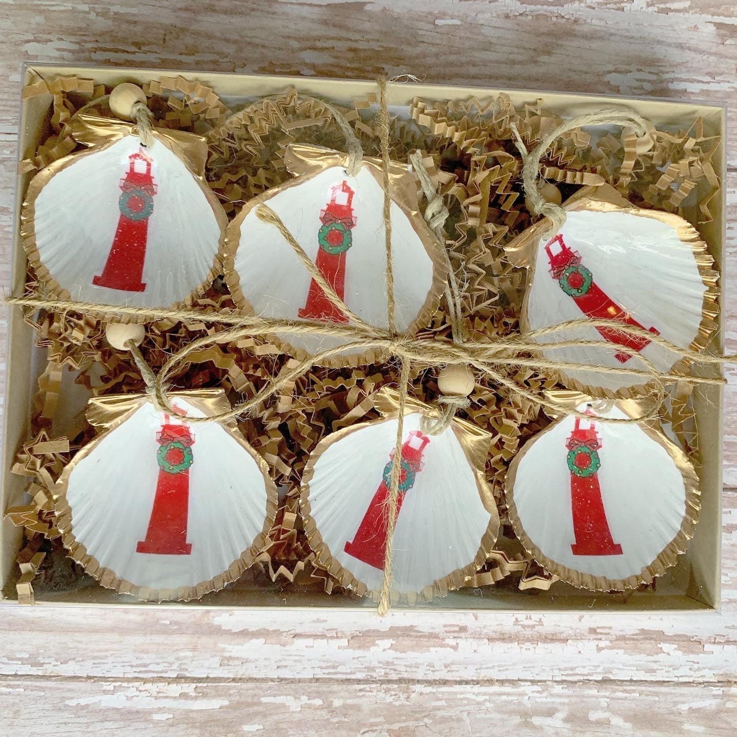 set of six mini shell christmas lighthouse ornaments in a box