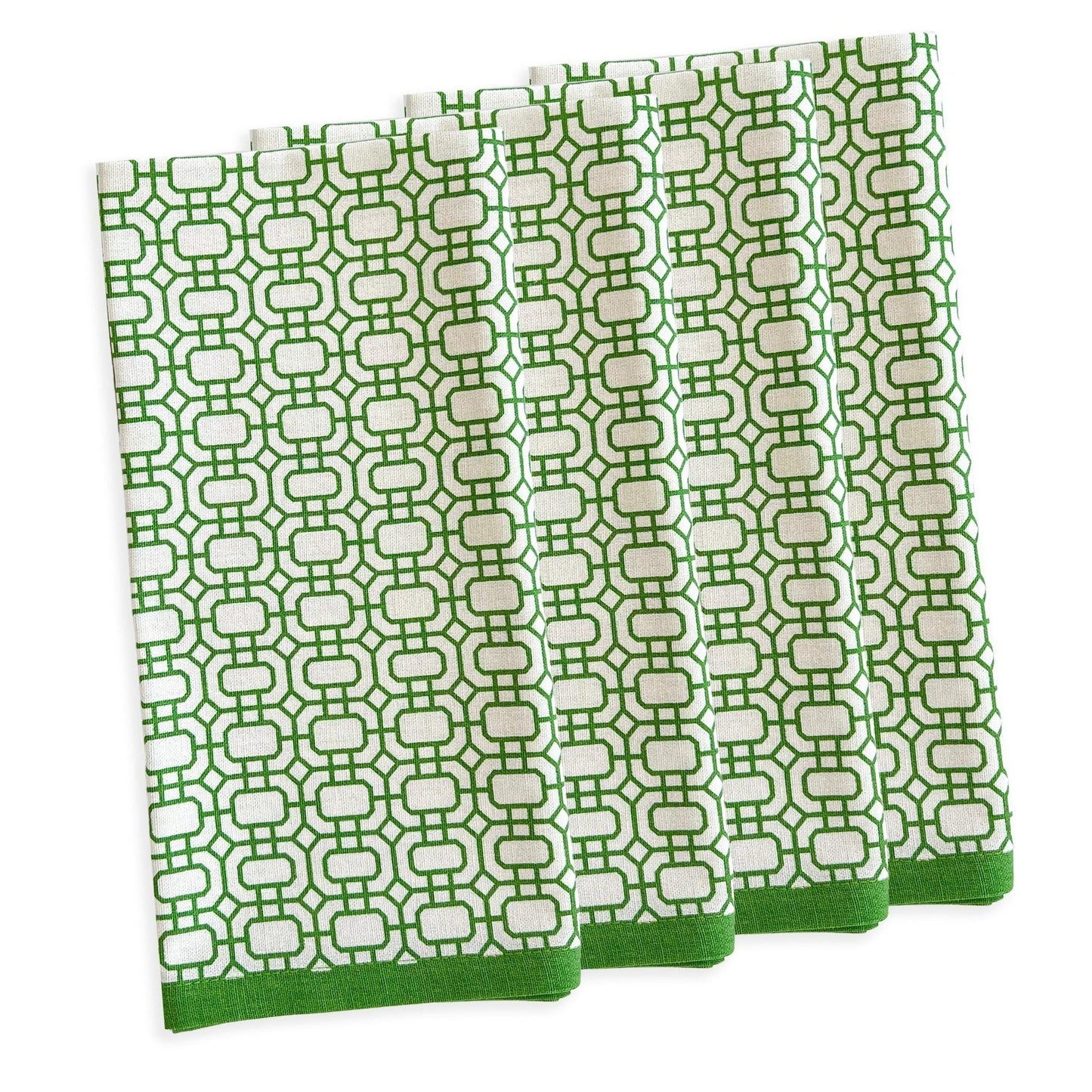 a set of three green and white napkins