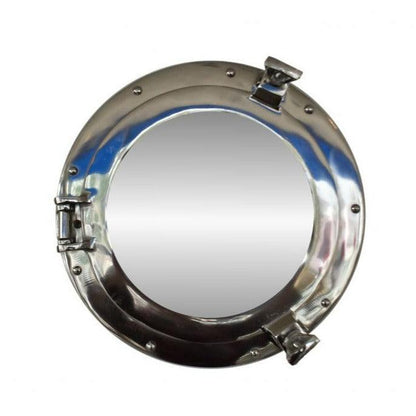 a metal porthole mirror with a white background 