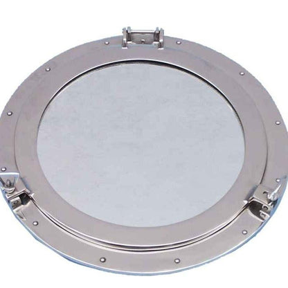 a metal porthole mirror on a white background